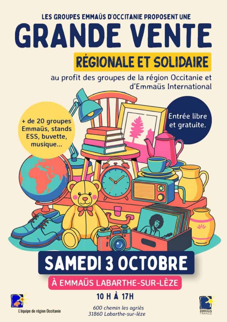 Affiche de la grande vente régionale et solidaire organisée par Emmaüs Cahors.
