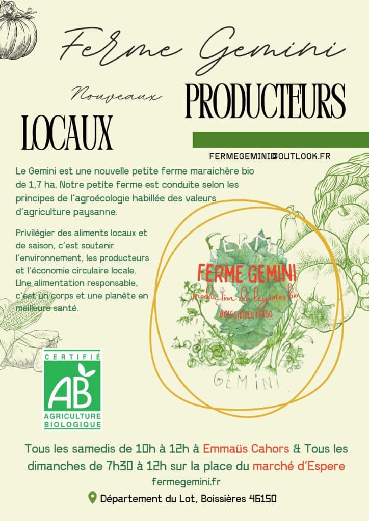 Ferme Gemini, ferme biologique locale à Boissières, Cahors, avec logo AB et produits frais.
