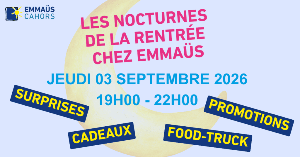 Événement Emmaüs Cahors avec surprises, cadeaux, food-truck, le 3 septembre 2026.